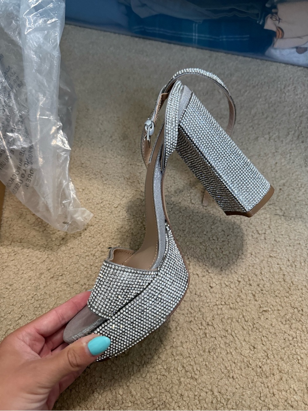 Steve Madden Lessa-R Rhinestone Platform Block Heels Silver Size 9.5
